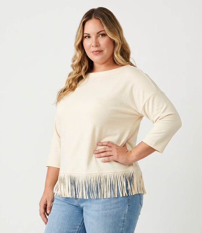 top Plus Size 3/4 Sleeve Fringe Boatneck Top