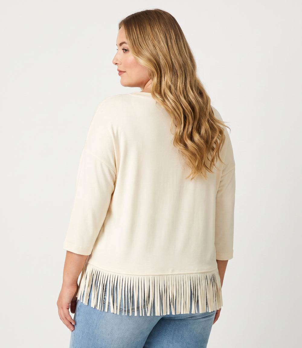 top Plus Size 3/4 Sleeve Fringe Boatneck Top