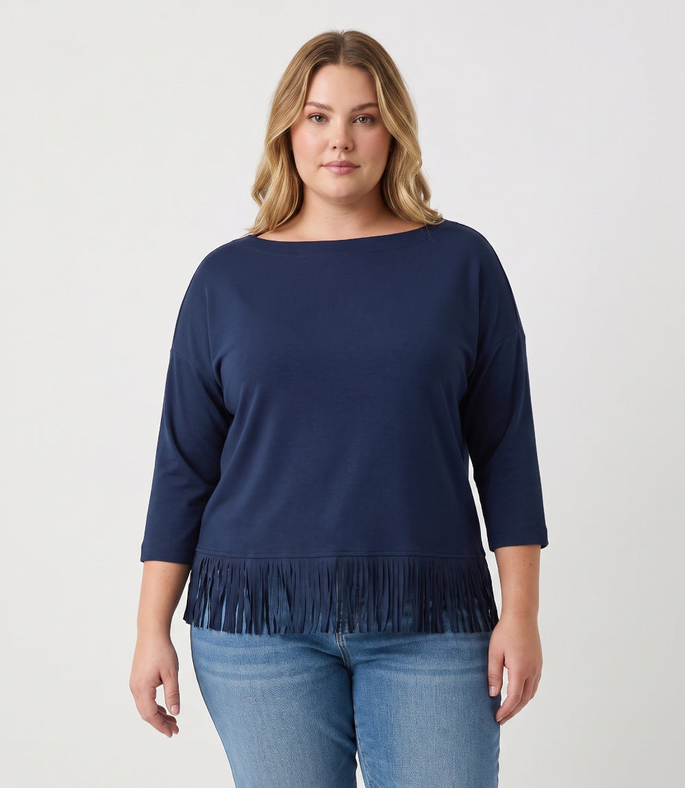 top Plus Size 3/4 Sleeve Fringe Boatneck Top