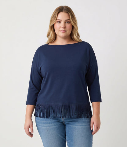 top Plus Size 3/4 Sleeve Fringe Boatneck Top