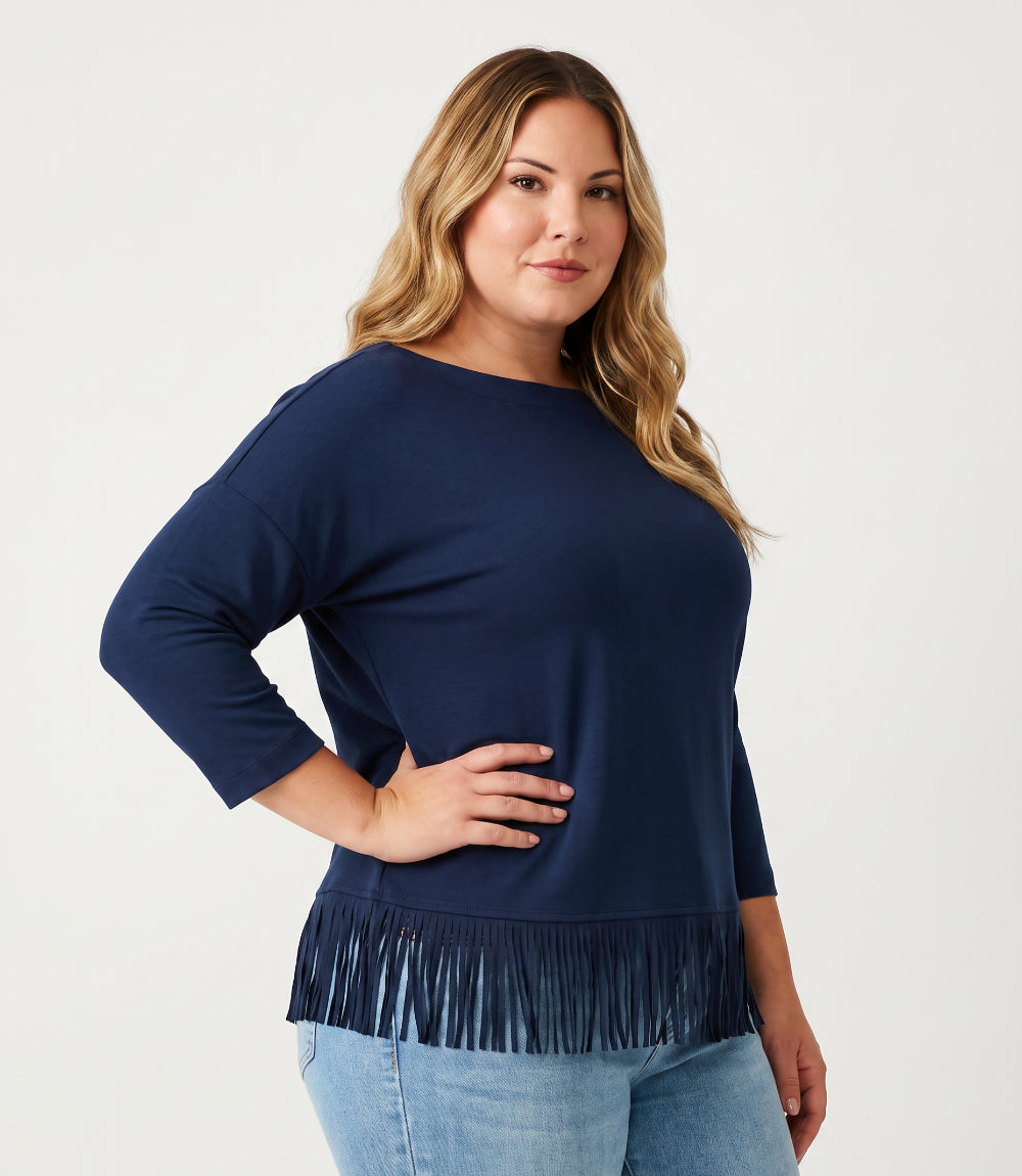 top Plus Size 3/4 Sleeve Fringe Boatneck Top