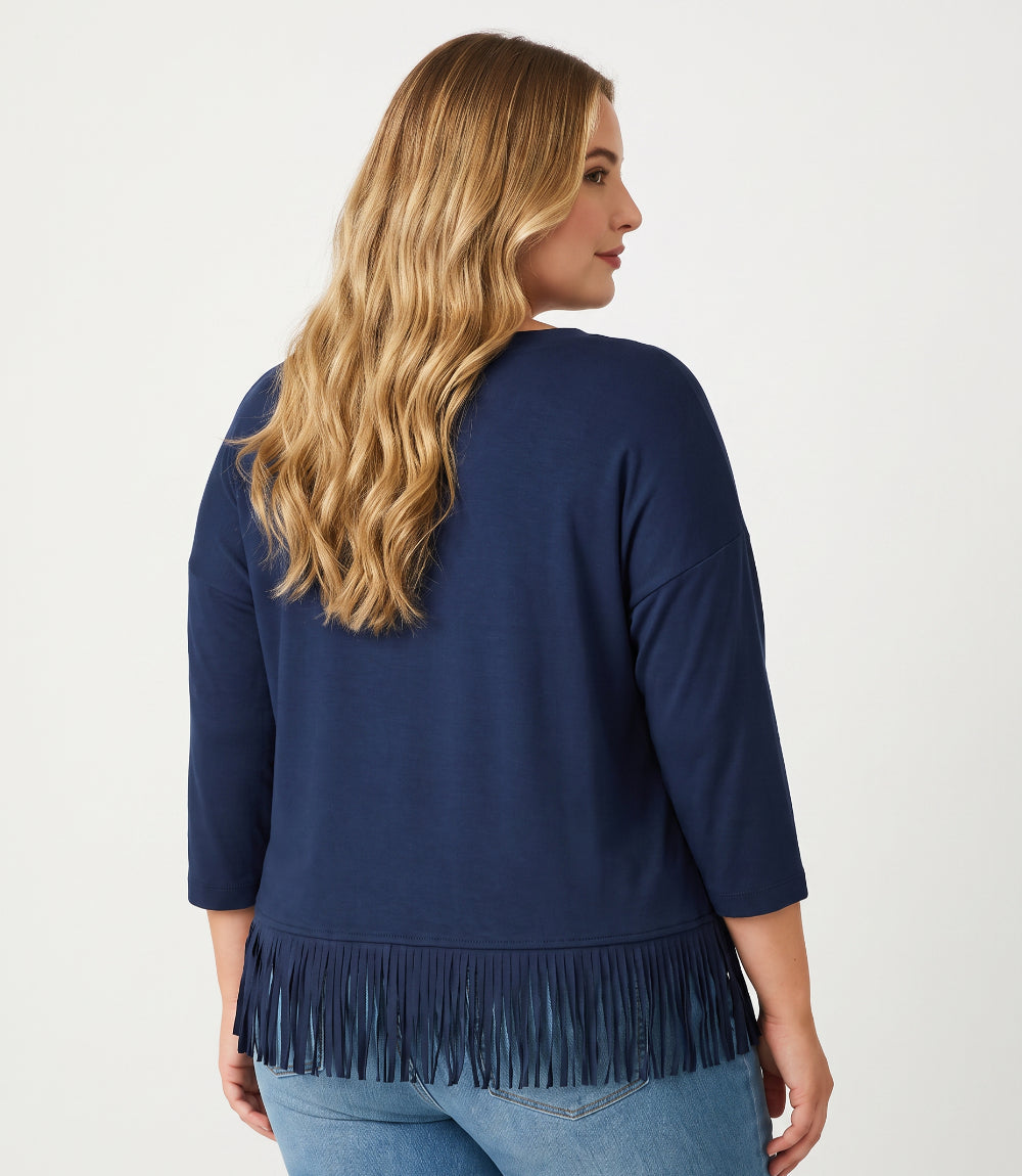 top Plus Size 3/4 Sleeve Fringe Boatneck Top