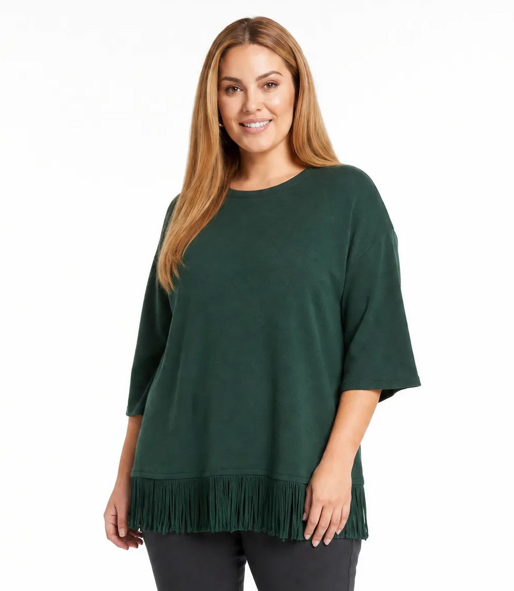 top Plus Size 3/4 Sleeve Fringe Boatneck Top