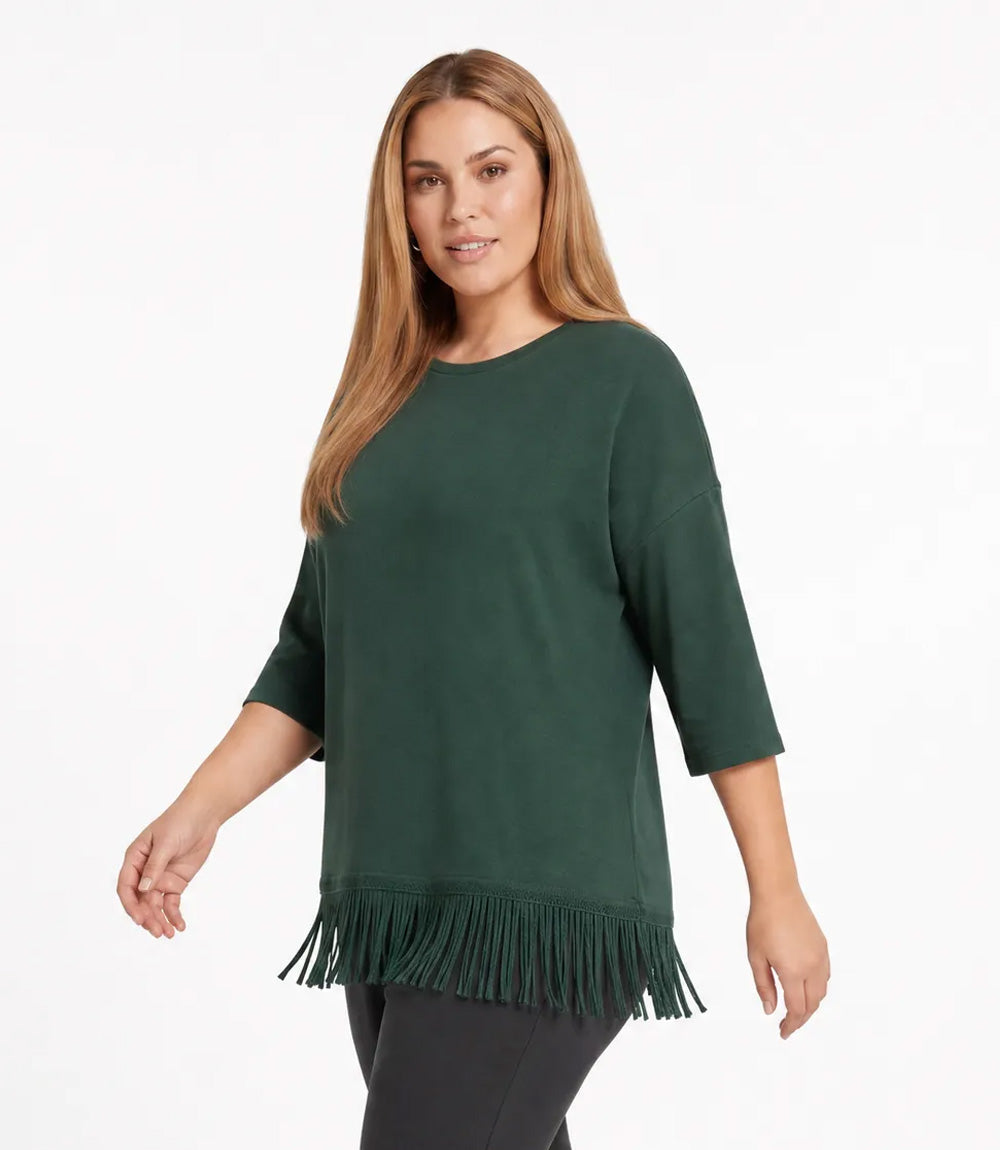 top Plus Size 3/4 Sleeve Fringe Boatneck Top