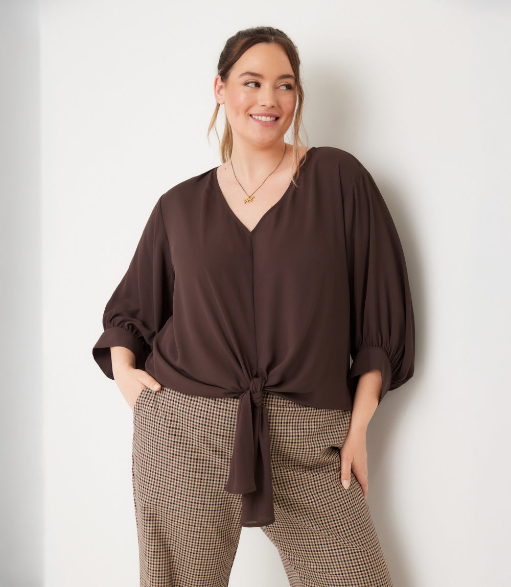 top Blouson Sleeve Tie-Front Top
