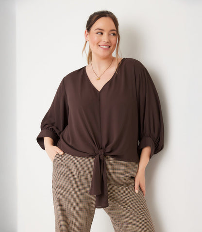 top Blouson Sleeve Tie-Front Top