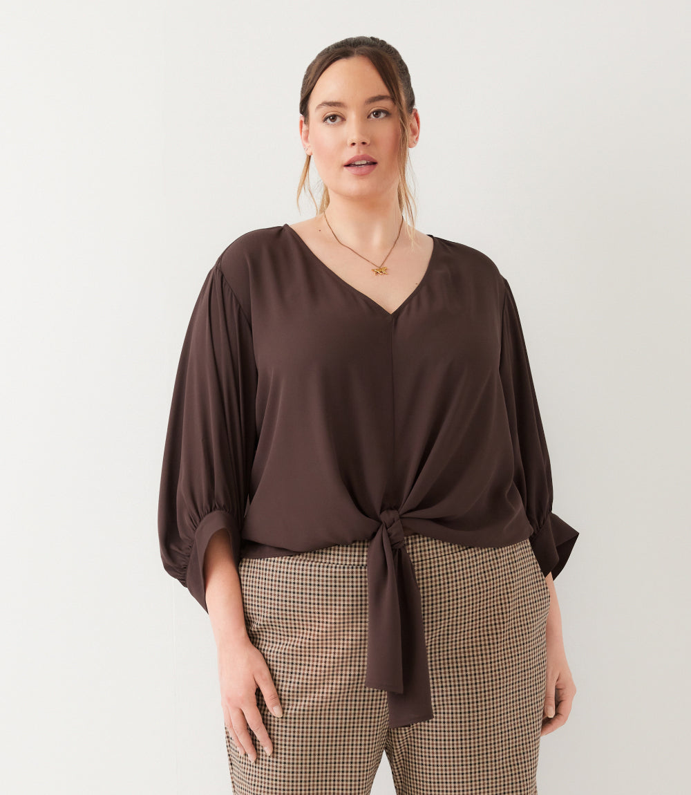 top Blouson Sleeve Tie-Front Top