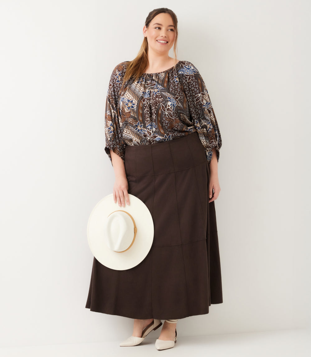 bottom Tiered Faux Suede Midi Skirt