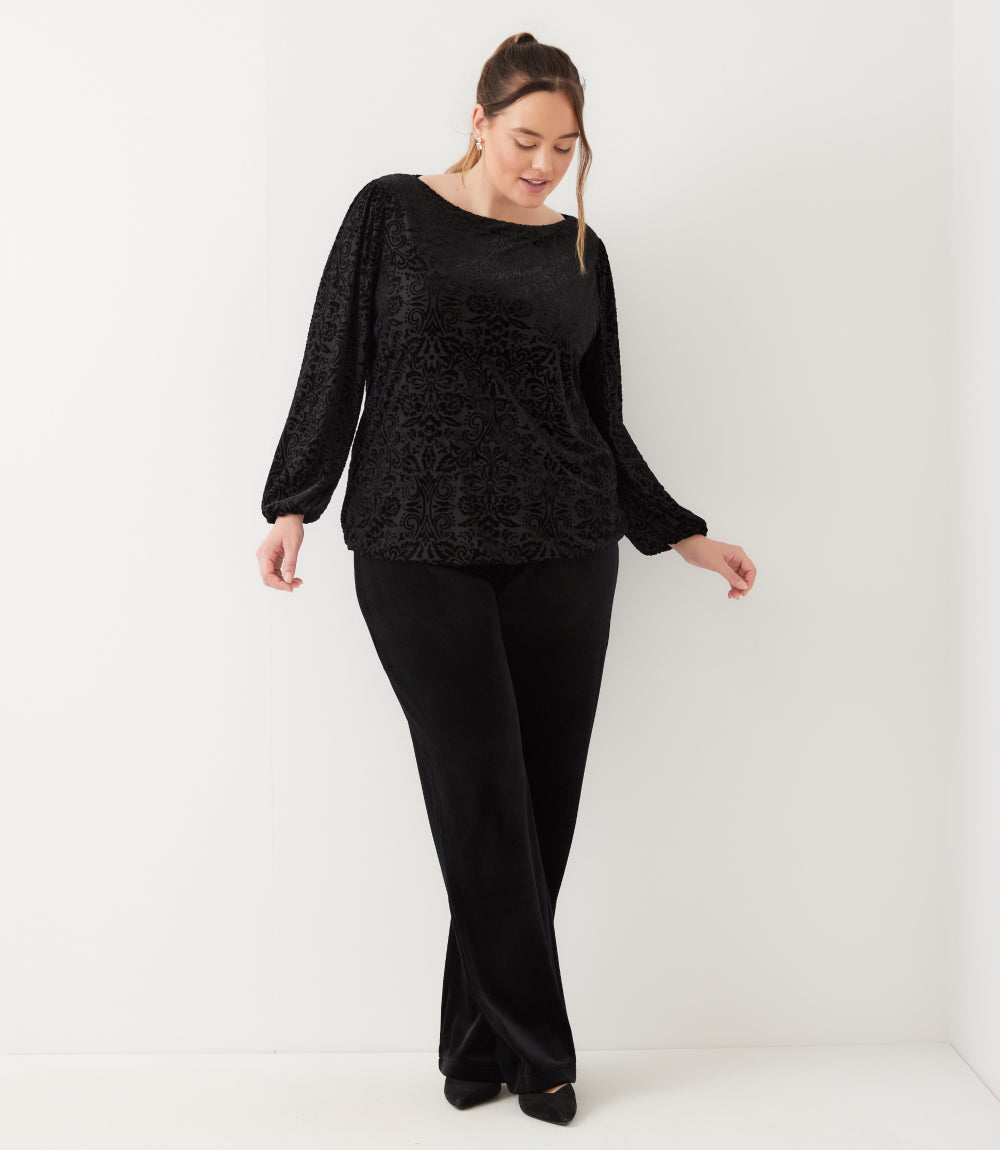 top Blouson Sleeve Velvet Burnout Boatneck Top