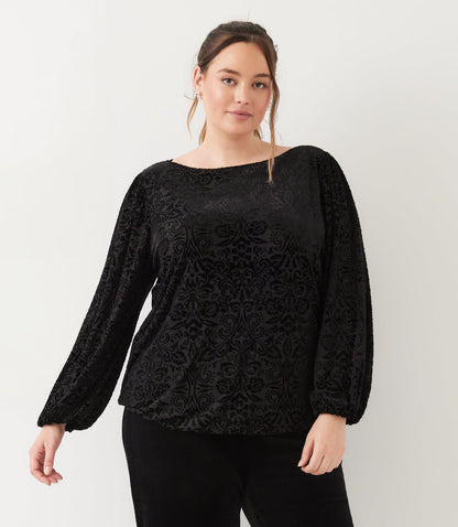 top Blouson Sleeve Velvet Burnout Boatneck Top