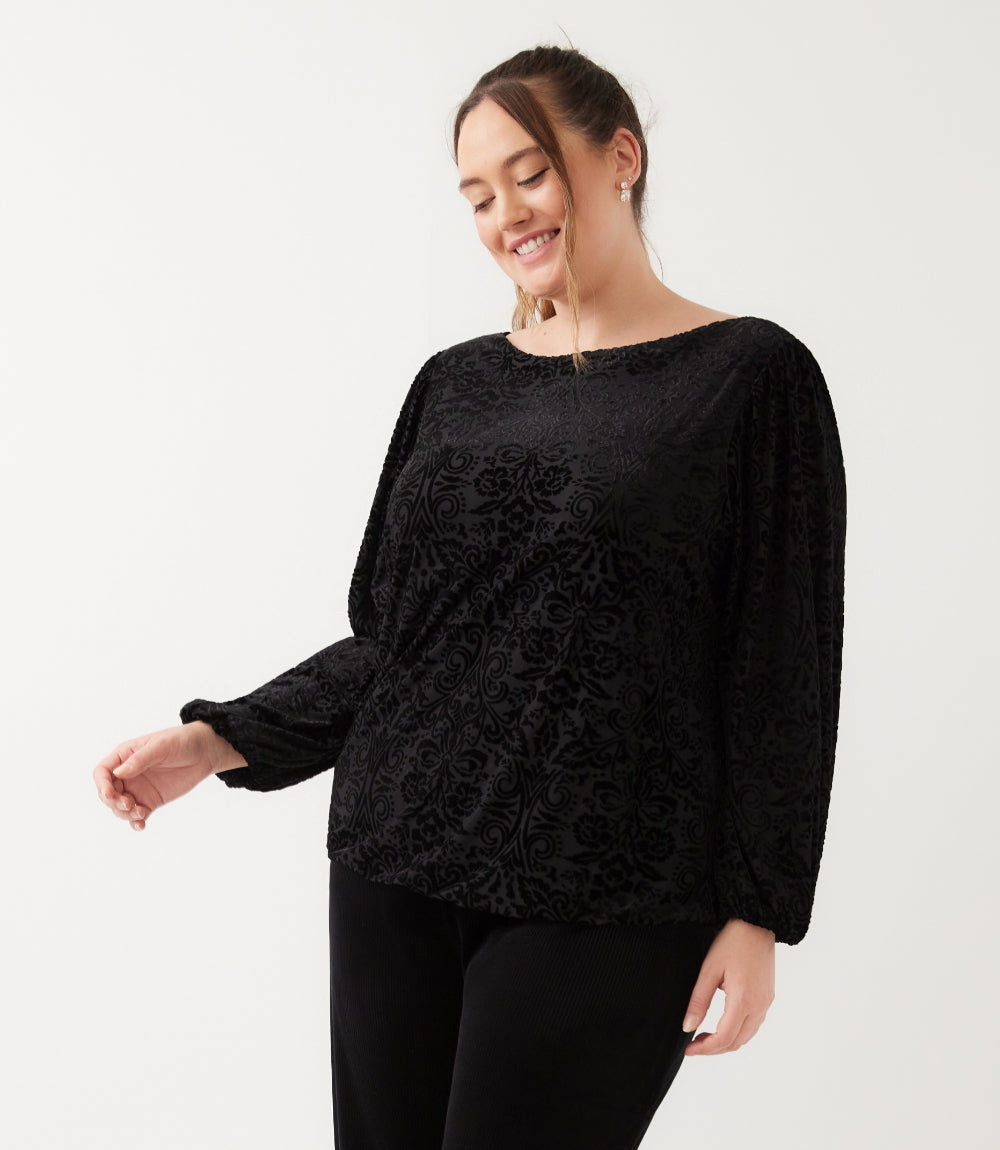 top Blouson Sleeve Velvet Burnout Boatneck Top