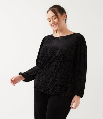 top Blouson Sleeve Velvet Burnout Boatneck Top