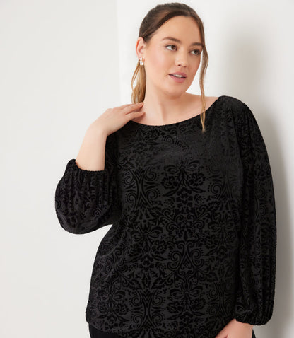 top Blouson Sleeve Velvet Burnout Boatneck Top