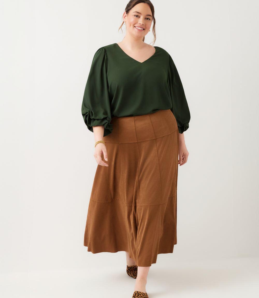 bottom Tiered Faux Suede Midi Skirt
