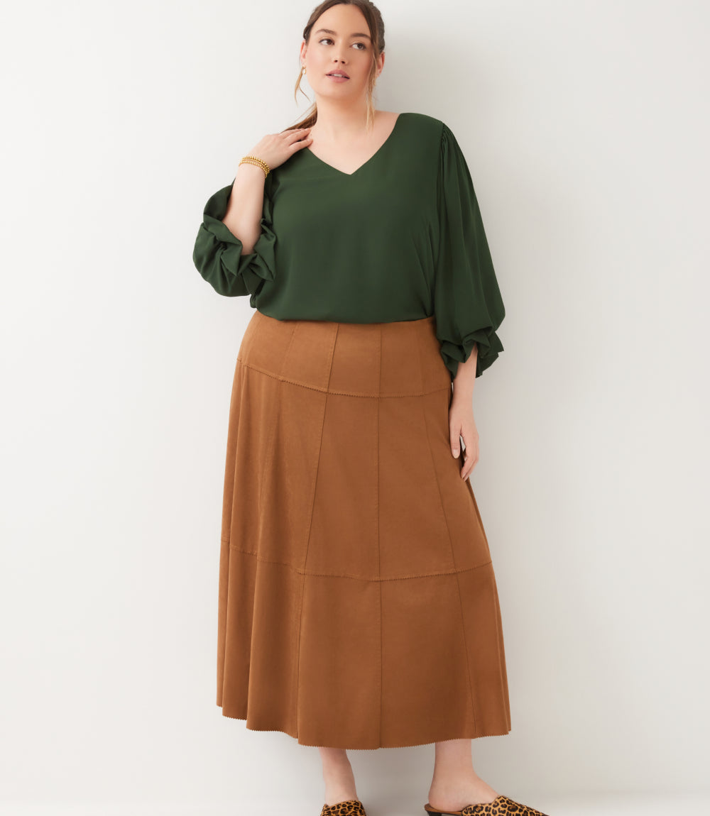 bottom Tiered Faux Suede Midi Skirt