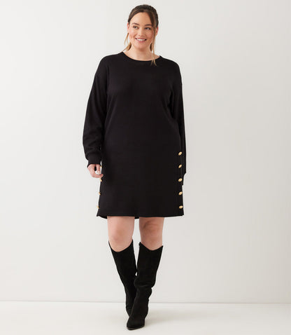 dress Plus Size Long Sleeve Crewneck Button Detail Dress