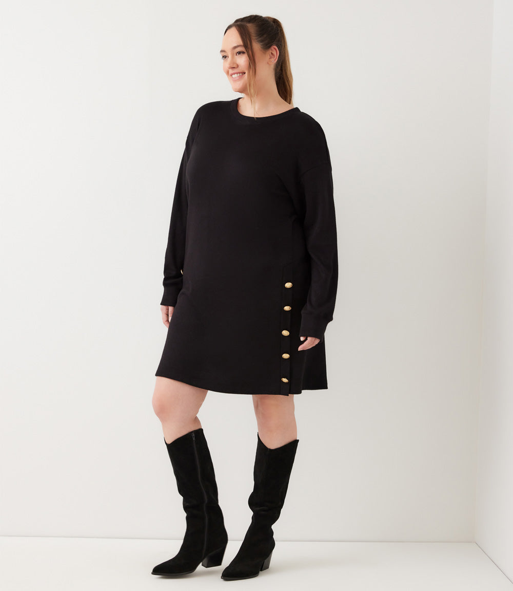 dress Plus Size Long Sleeve Crewneck Button Detail Dress