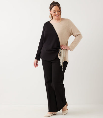 top Long Sleeve Colorblock Satin Bow Top