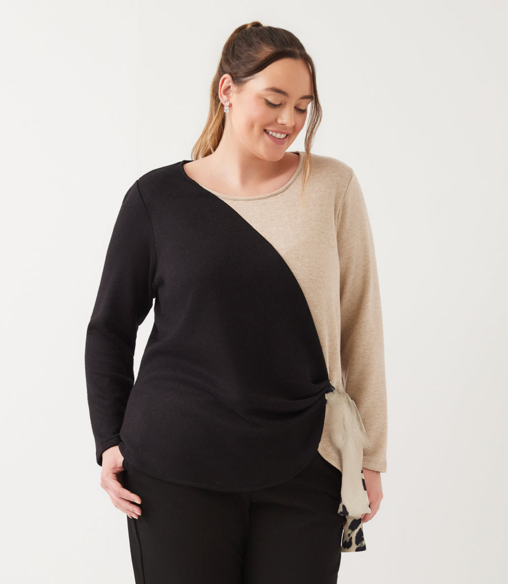 top Long Sleeve Colorblock Satin Bow Top