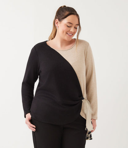 top Long Sleeve Colorblock Satin Bow Top