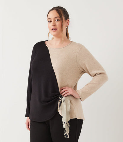 top Long Sleeve Colorblock Satin Bow Top