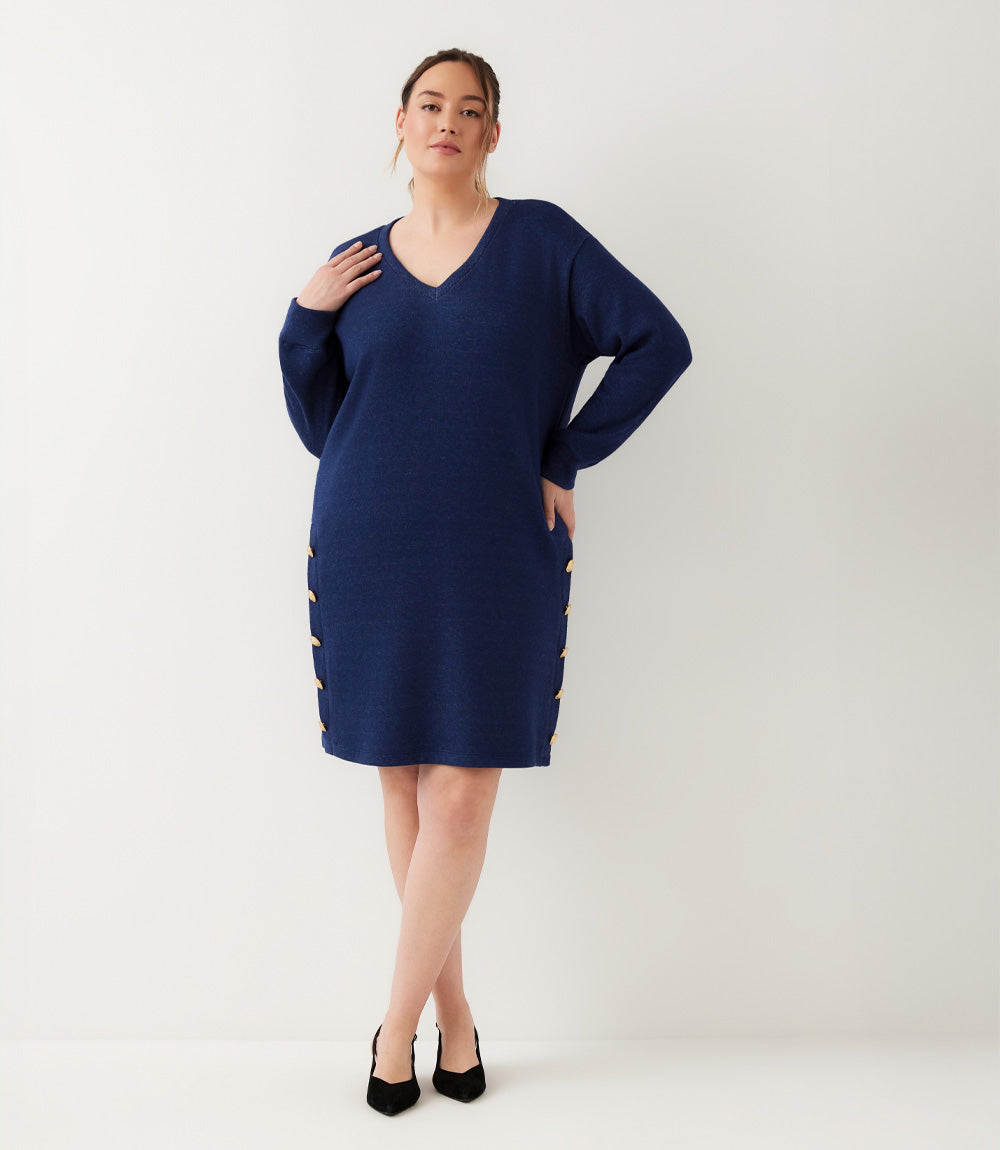 dress Plus Size Long Sleeve V-Neck Button Detail Dress