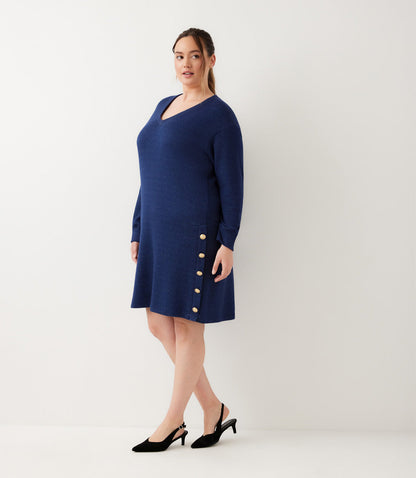dress Plus Size Long Sleeve V-Neck Button Detail Dress