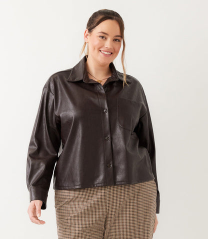 top Plus Size Faux Leather Long Sleeve Button-Up Shirt