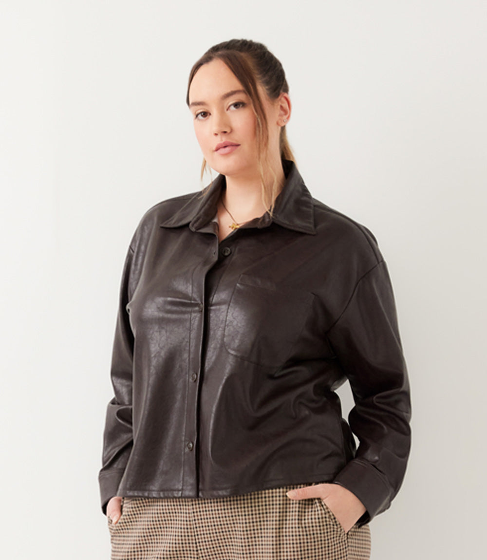 top Plus Size Faux Leather Long Sleeve Button-Up Shirt