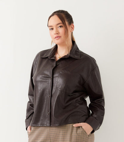 top Plus Size Faux Leather Long Sleeve Button-Up Shirt