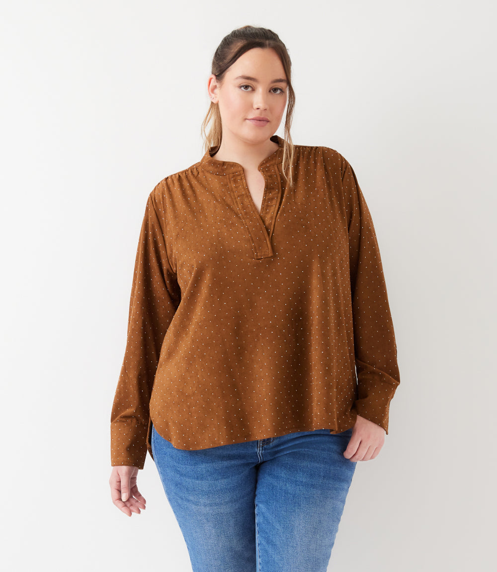 top Plus Size Faux Suede Embellished Half-Placket Shirt