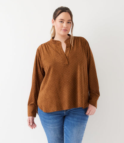 top Plus Size Faux Suede Embellished Half-Placket Shirt