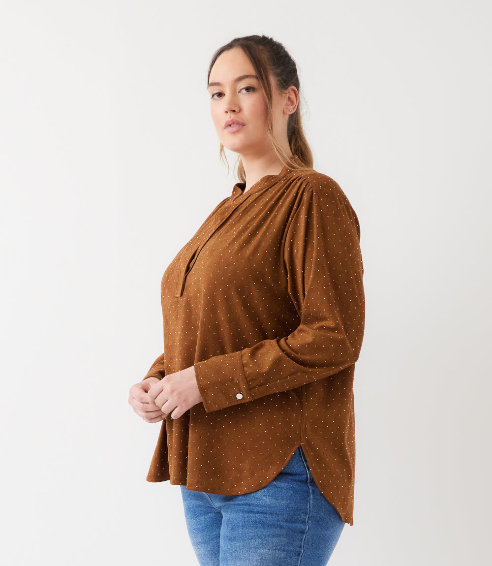 top Plus Size Faux Suede Embellished Half-Placket Shirt