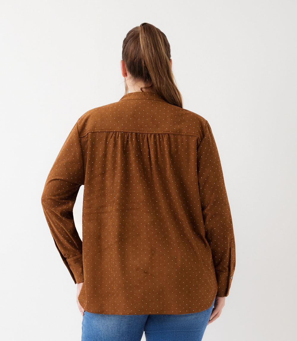 top Plus Size Faux Suede Embellished Half-Placket Shirt