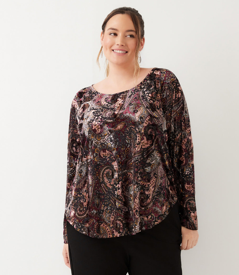 top Long Sleeve Velvet Burnout Shirttail Top