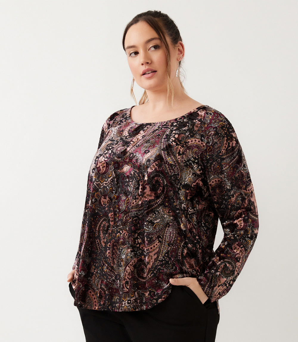top Long Sleeve Velvet Burnout Shirttail Top