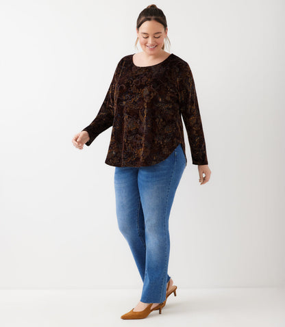 top Plus Size Long Sleeve Velvet Burnout Shirttail Top