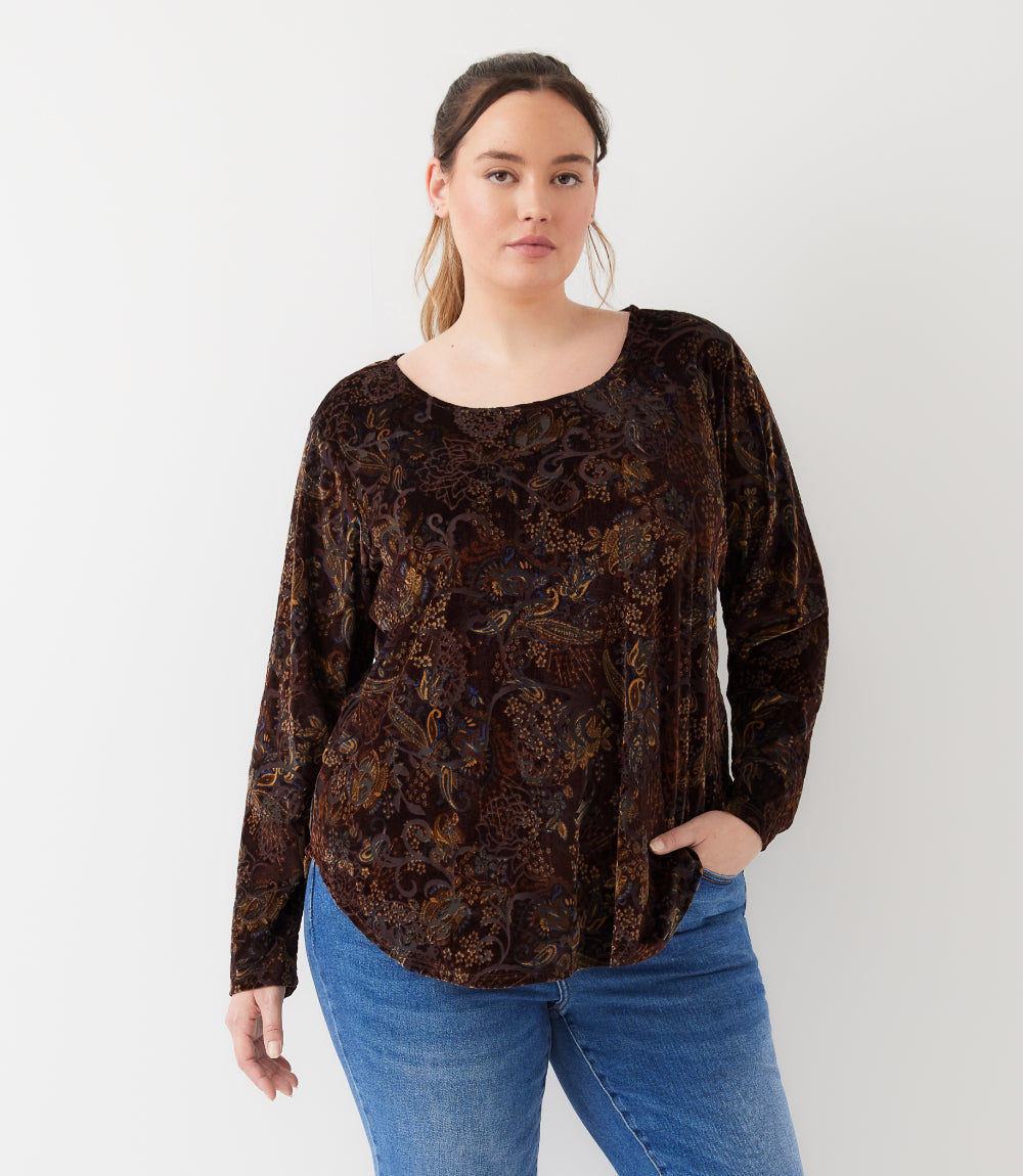 top Plus Size Long Sleeve Velvet Burnout Shirttail Top