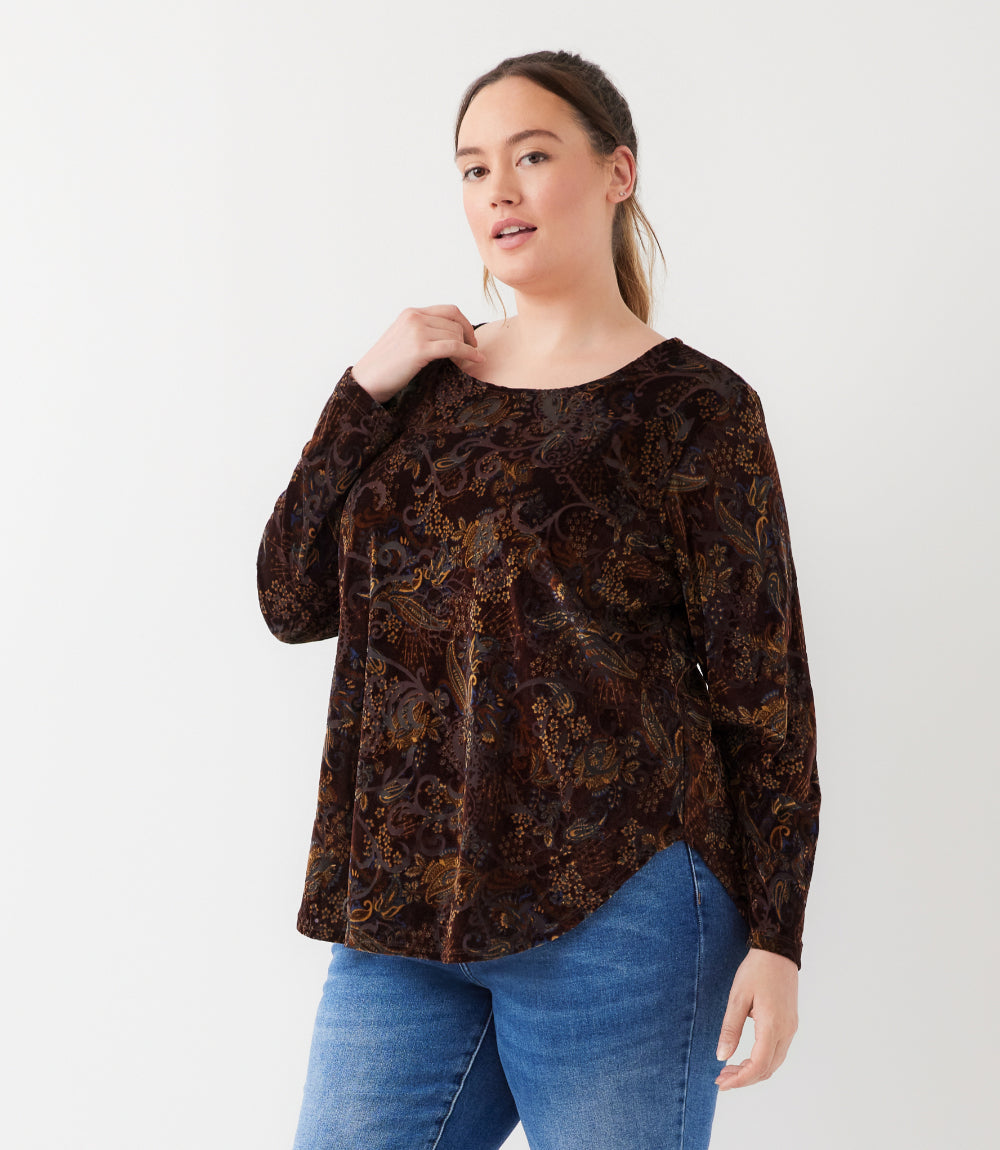 top Plus Size Long Sleeve Velvet Burnout Shirttail Top