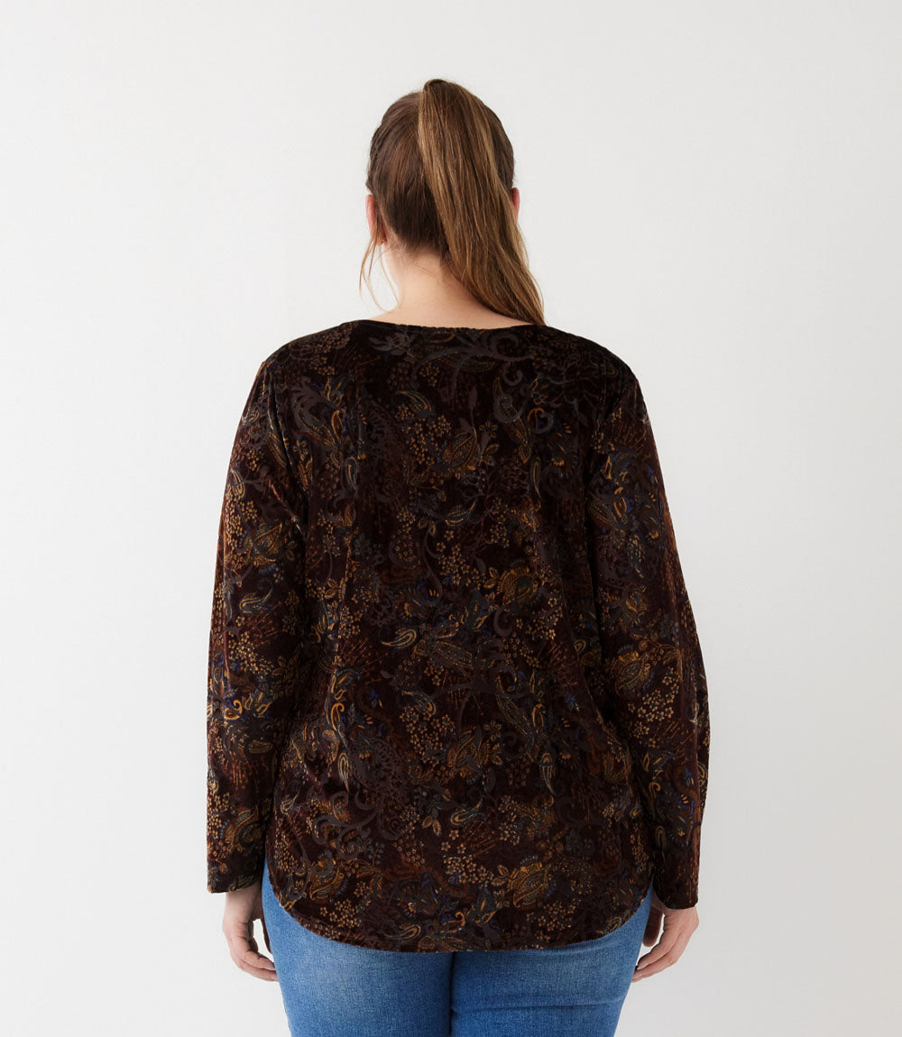 top Plus Size Long Sleeve Velvet Burnout Shirttail Top