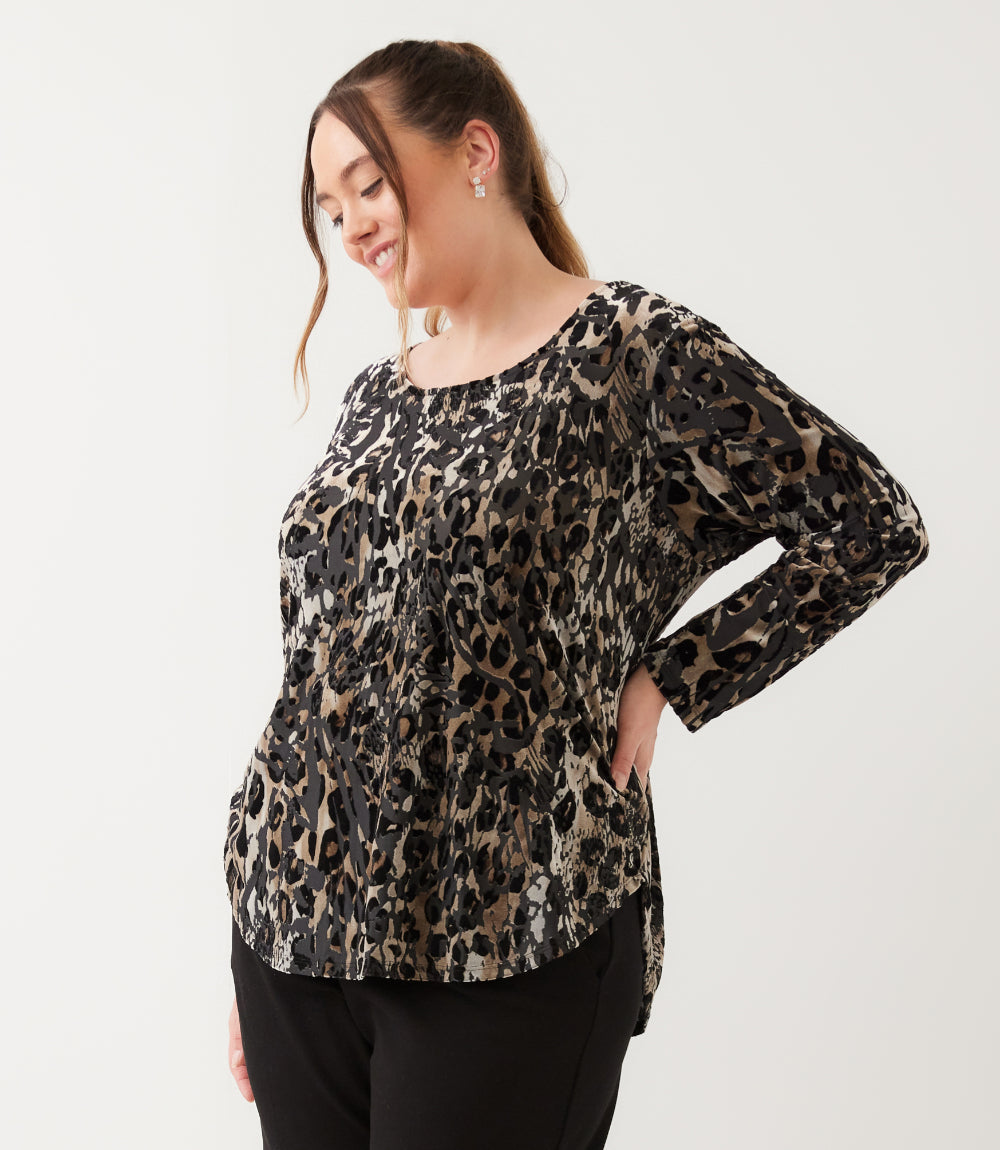 top Long Sleeve Velvet Burnout Shirttail Top