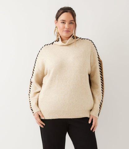 sweater Plus Size Contrast Stitch Mock Neck Colorblock Sweater