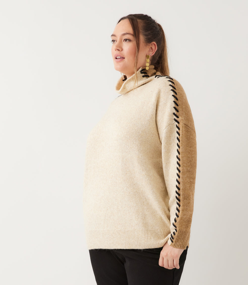 sweater Plus Size Contrast Stitch Mock Neck Colorblock Sweater