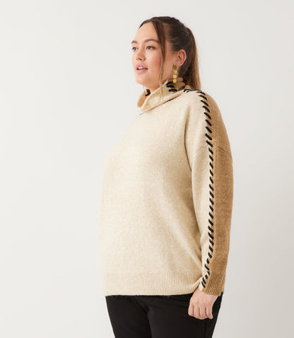 sweater Plus Size Contrast Stitch Mock Neck Colorblock Sweater