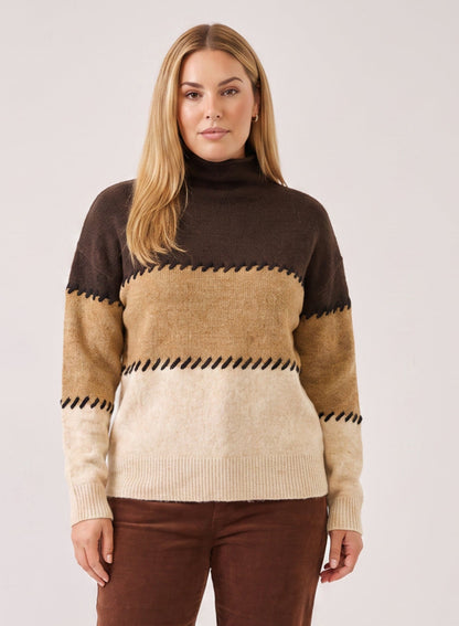 sweater Plus Size Contrast Stitch Mock Neck Colorblock Sweater