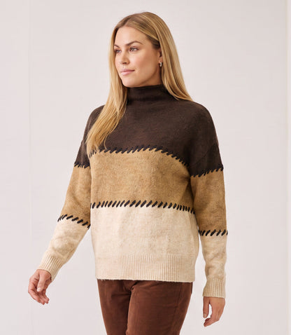 sweater Plus Size Contrast Stitch Mock Neck Colorblock Sweater