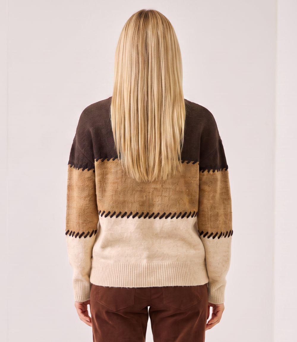 sweater Plus Size Contrast Stitch Mock Neck Colorblock Sweater