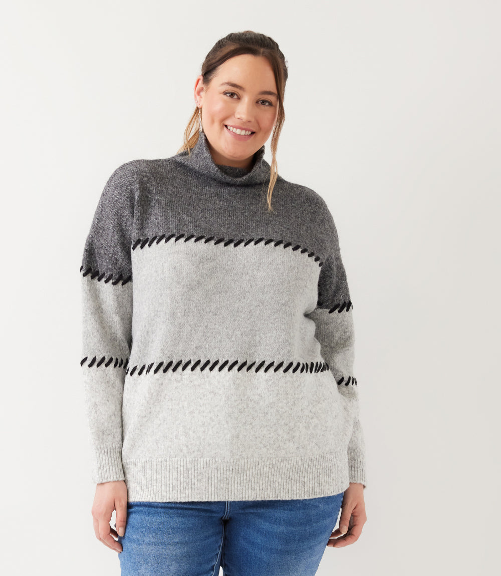 sweater Plus Size Contrast Stitch Mock Neck Colorblock Sweater