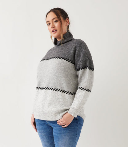 sweater Plus Size Contrast Stitch Mock Neck Colorblock Sweater