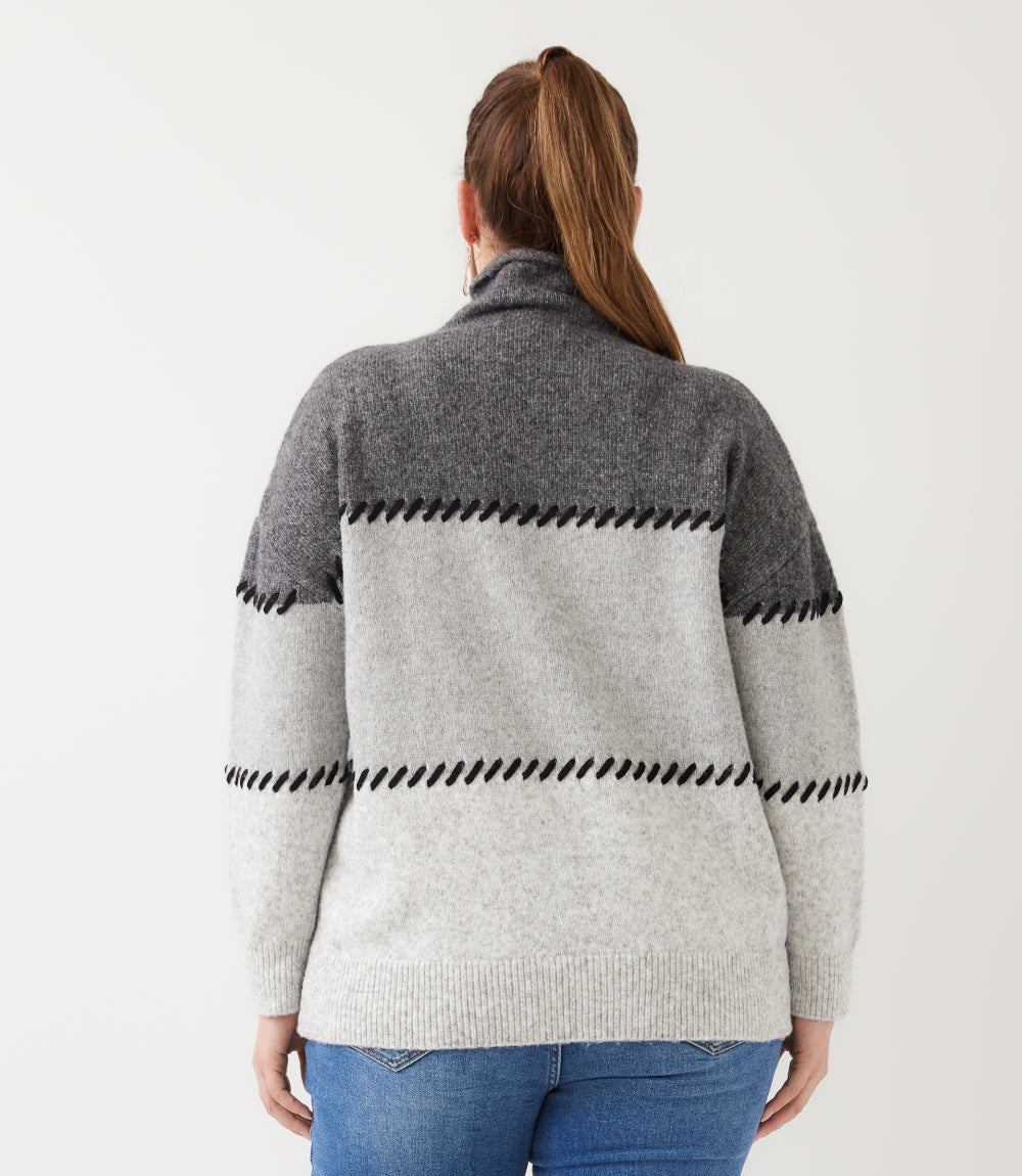 sweater Plus Size Contrast Stitch Mock Neck Colorblock Sweater